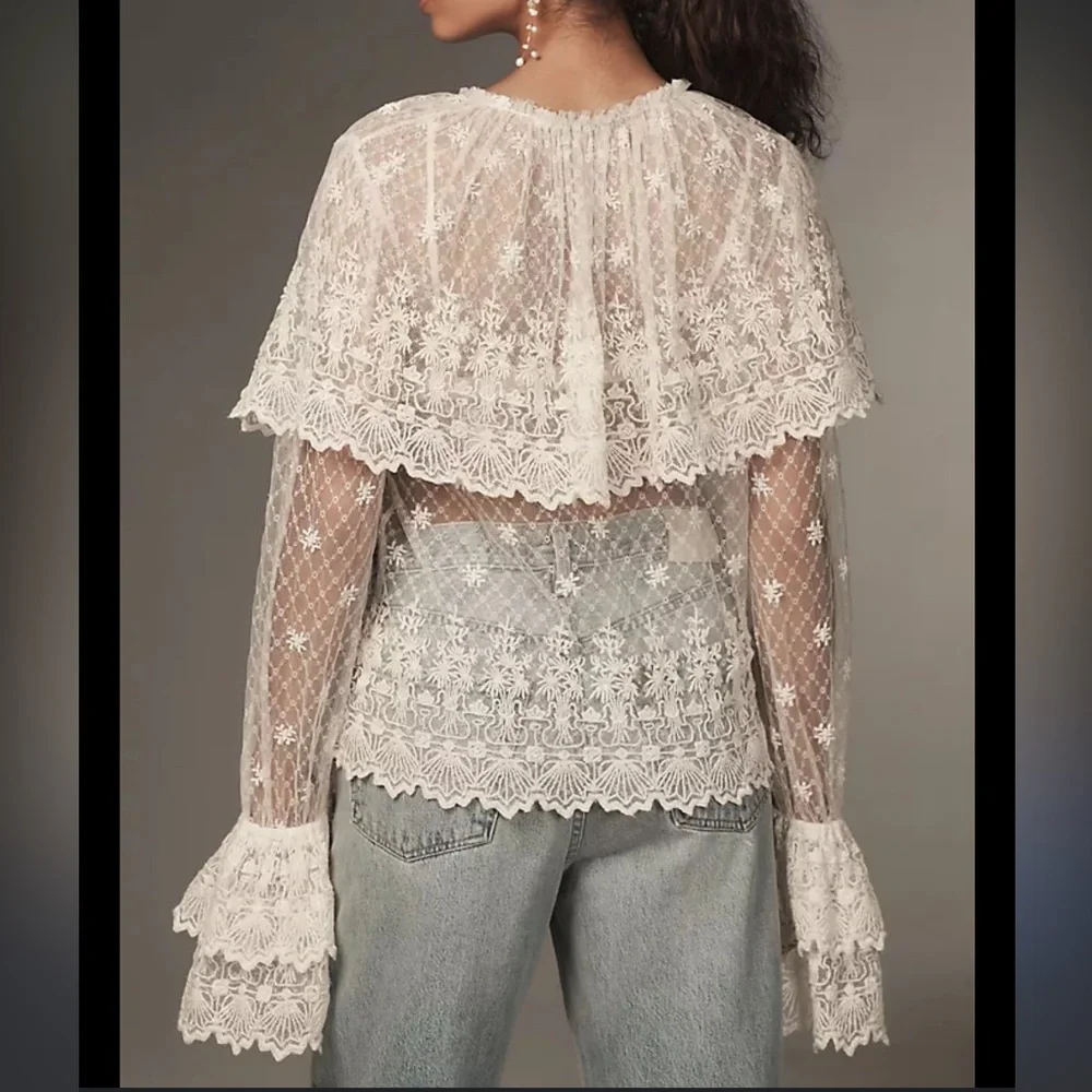 Anthropologie Forever That Girl Long-Sleeve Lace-Bib Blouse